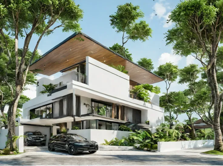 (((modern villa))), modern material, daytime, bright sky, tropical tree around the villa, people and car, 3d render, best qualit...