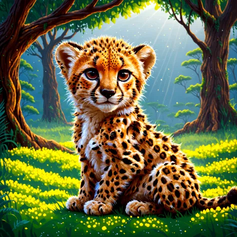 a pixel art illustration of a cheetah cub sitting under a tree, with its eyes wide open and a curious expression vivid contrast,...