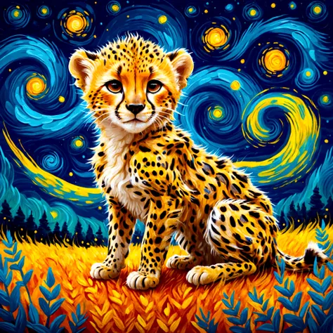 a stylized illustration of a cheetah cub in the style of van gogh, with swirling brushstrokes and vibrant colors, 
vivid contras...