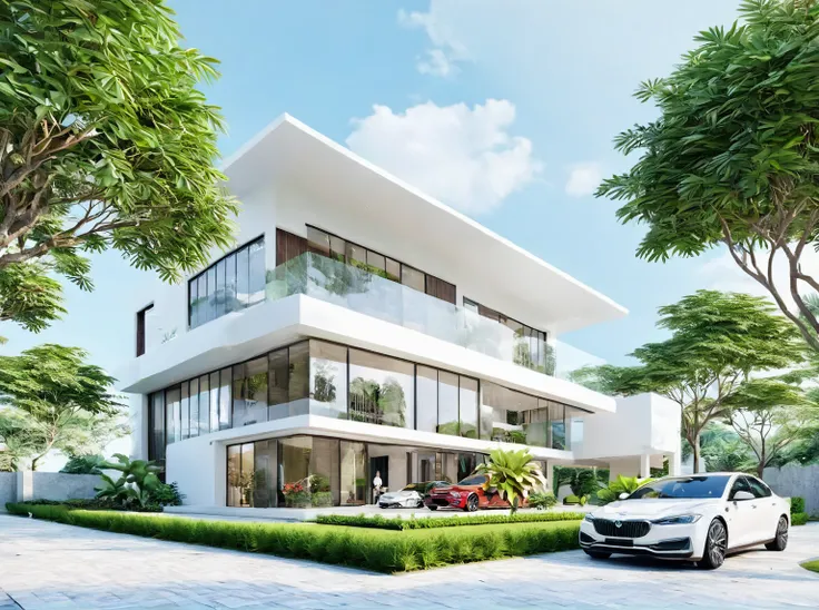 (((modern villa))), modern material, daytime, bright sky, tropical tree around the villa, people and car, 3d render, best qualit...