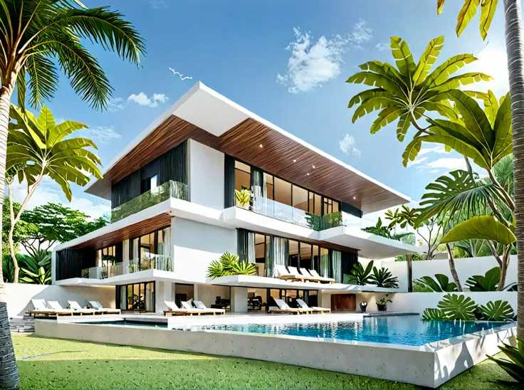 ((modern villa)0, modern material, daytime, bright sky, tropical tree arround the villa, people and card, best quality 3d render