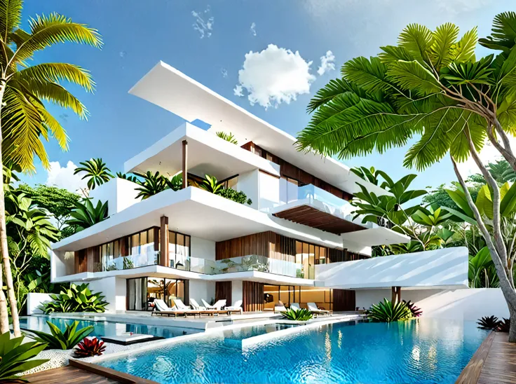 ((modern villa)0, modern material, daytime, bright sky, tropical tree arround the villa, people and card, best quality 3d render