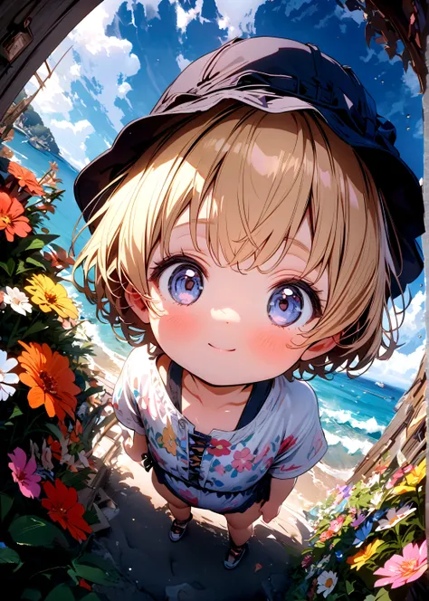 (solo:1.5),1baby(very cute,soft skin,(newborn:1.7),age of 1,blond hair,soft curly hair,(very short hair:2.0),(very short hair),dark gray eyes,(wearing hat(bucket hat):1.5),wearing romper(short sleeve),1bracelet(black beads) on left arm, (looking back:1.6) ...