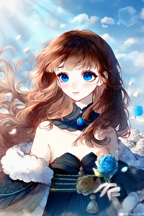 1 girl, CuteStyle, upper body, blue eyes, brown hair, long hair with bangs, dressed in a black strapless dress, black long fingerless gloves, shawl with fur trim, standing in the yard, lots of white roses, rays of the sun, fluttering hair, white rose petal...