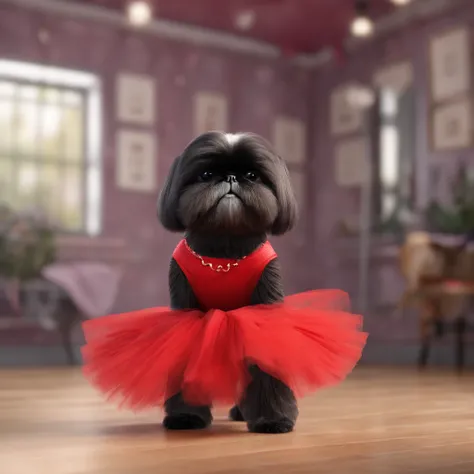 adorable small black shih tzu wearing a red tutu in a ballet studio with mirrors 