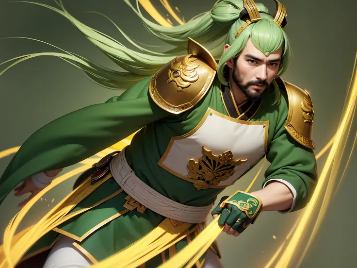 [digita painting: traditional painting: 0.3] Full-length portrait of Chinese Liu Bei. His appearance is goats beard, soft and charismatic. His topknot and light green armor unique to ancient China.