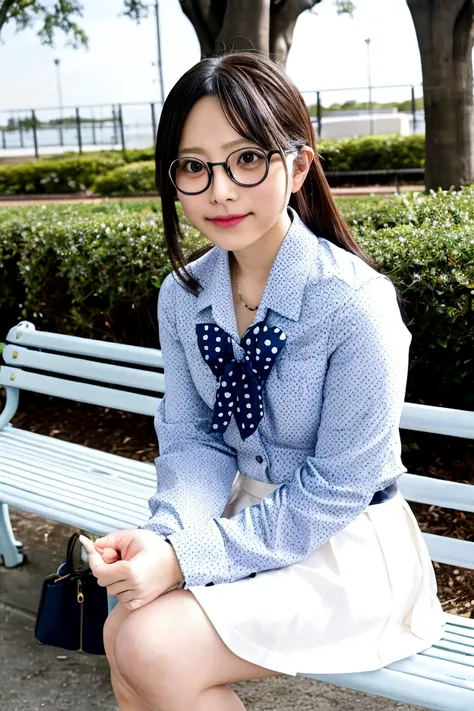 sitting on a park bench。the skirt is white with blue polka dots。polka dots are small。wears gold-rimmed glasses。