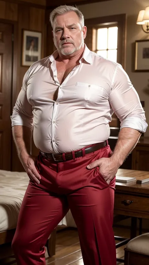 (best quality,4k,8k,highres,masterpiece:1.2), age 60, white man sheriff , horny disgusting, muscular chubby, kind, open red silk...