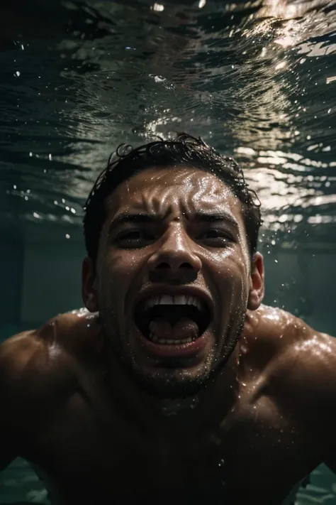 man drowning in water, screaming, suffering, under water also camera under water, man is scream, too much water