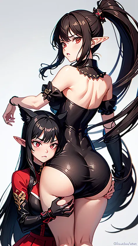 1girl, angry expression, long black hair, ponytail, red eyes, elf ears, from behind, big ass, curvy, looking back, large breasts, curvy, thicc, BREAK, 1girl, maid outfit, long brown hair, ass worship, hands on ass, blushing