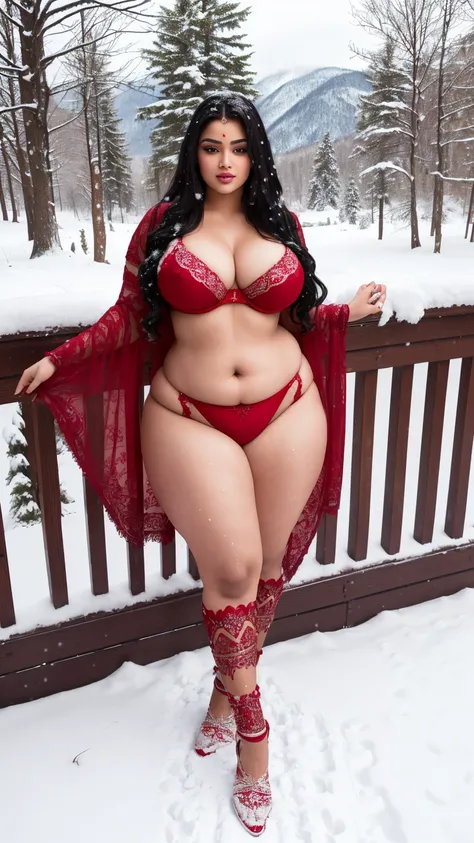 arafed woman in red lingerie posing on a deck, indian, indian goddess, only snow in the background, thick body, indian empress, lacey, provocative indian, curvy model, full subject in shot, in the snow, thicc, covered in snow, beautiful curves, red hot, an...