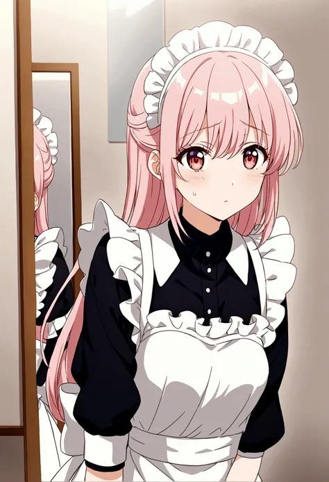 anime girl with pink hair and white apron sitting in front of mirror, comedian reactions、anime girl in a maid costume, cute girl...