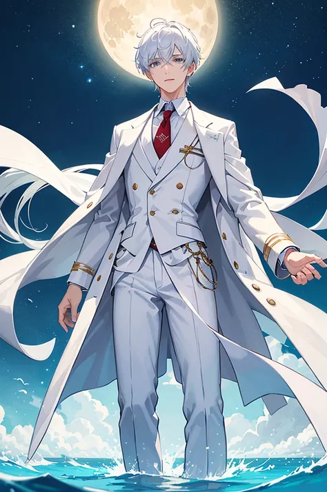 ((best quality)), ((masterpiece)), (detailed), high resolution, a young man who wear white coat with white pants, underneath his...