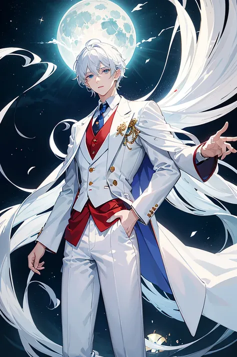 ((best quality)), ((masterpiece)), (detailed), high resolution, a young man who wear white coat with white pants, underneath his...