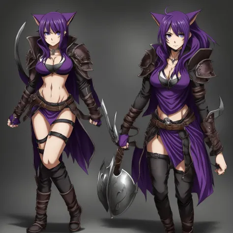 a female character for a soul eater style anime with these characteristics:

- A bear-woman demi-human (just bear paws and ears)
- Scar on the cheek and neck - Lifeless dark purple eyes and short dark purple hair - An extremely tired look - Above average b...