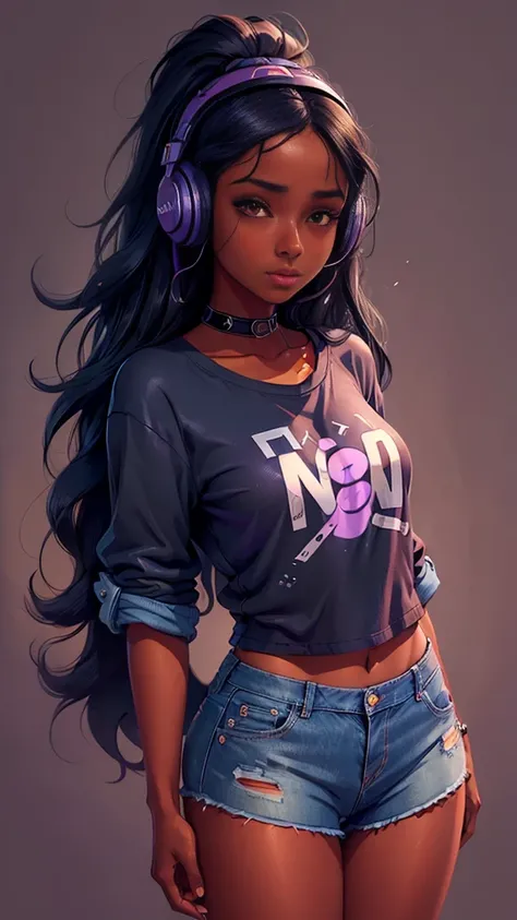 ((no background)) One Dark skin young woman with headphones  with long jet black hair and clearly detailed big brown eyes, ebony nose, wearing a purple top and denim shorts, high quality, 2D, UHD,