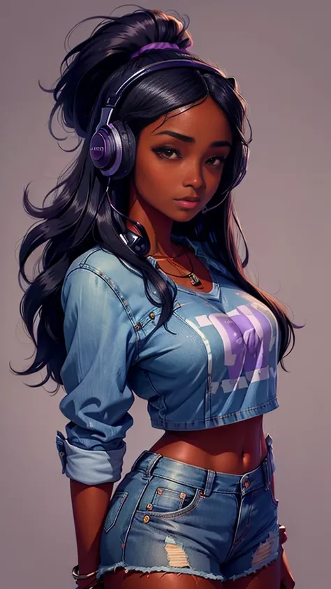 ((no background)) One Dark skin young woman with headphones  with long jet black hair and clearly detailed big brown eyes, ebony nose, wearing a purple top and denim shorts, high quality, 2D, UHD,