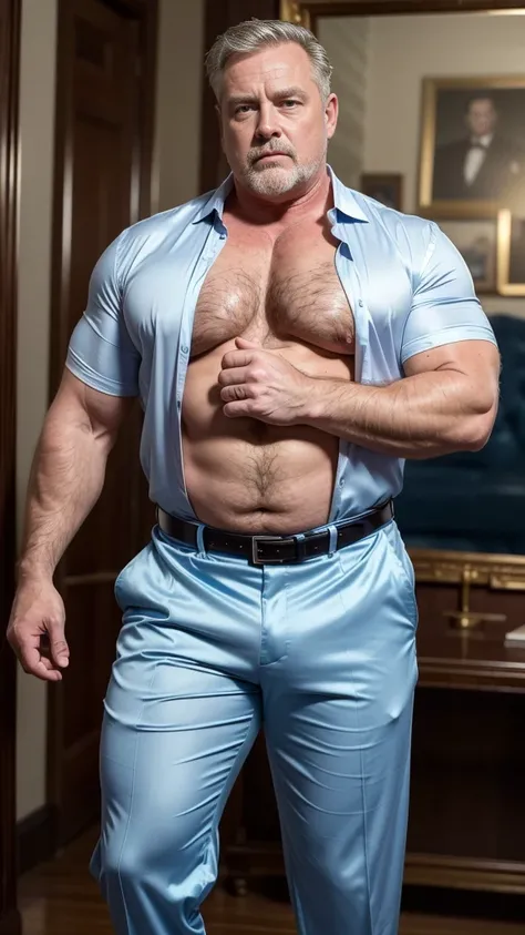 (best quality,4k,8k,highres,masterpiece:1.2), age 60, white man detective , horny disgusting, muscular chubby, kind, open blue silk shirt , mature daddy,black Dress Pants with big hard bulge, hairy chest hard nipple, belt, loafer,