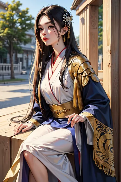 (masterpiece:1.2, best quality), (very detailed face, Real picture, realistic skin, realistic body, intricate details), alone, 1milf, Hanfu, Chinese armor,full body