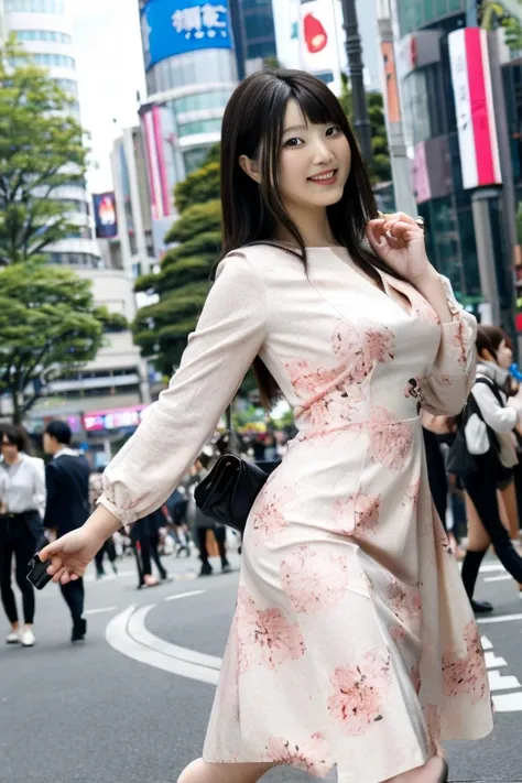 a woman walking along shibuya park street。looking directly at the camera and smiling。the camera is shot from an angle in front。e...