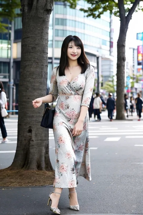 a woman walking along shibuya park street。looking directly at the camera and smiling。the camera is shot from an angle in front。e...