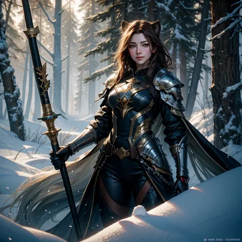  "snow lioness, playing in the snow, In the woods, at daytime, (blurred, fondo blurred), blue eyes, neopador tail, short hair, light brown hair, looking at the viewer, black shirt, layer amarilla ,, armor, layer, old, pleasure face, tooth shown, [ Dagasi, ...