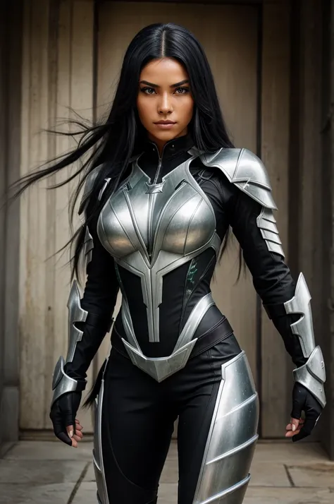 Kaida has long, flowing black hair with streaks of silver, symbolizing her control over lightning. She has a fierce, determined look and bright green eyes. Her skin is tanned from her time spent outdoors.She wears a fitted, black and silver combat suit tha...