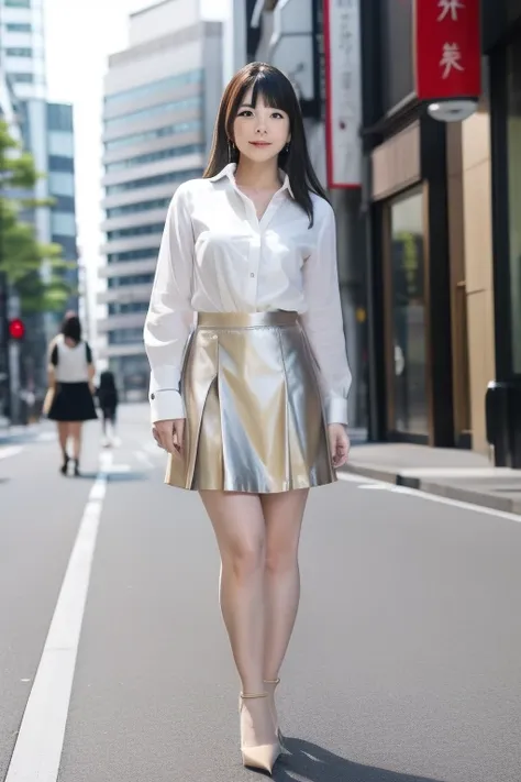 a woman walking down a main street in ginza。knee-length skirt。the skirt is beige。white high heels。the blouse is shiny grey.。