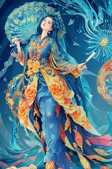 (masterpiece, Top quality, best quality, Official Art, beautiful and aesthetic:1.2), (1Paper umbrella:1.3), Extremely detailed,(Fractal Art:1.2),rich and colorful,The most detailed,(tangled:1.2), (Dynamic poses), (Blue Background:1.5), (Traditional clothin...