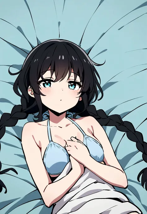 A girl，Tsundere cute，Black hair with two long braids，Cover your chest with your hands，Wearing a light blue bikini，Lying on the bed