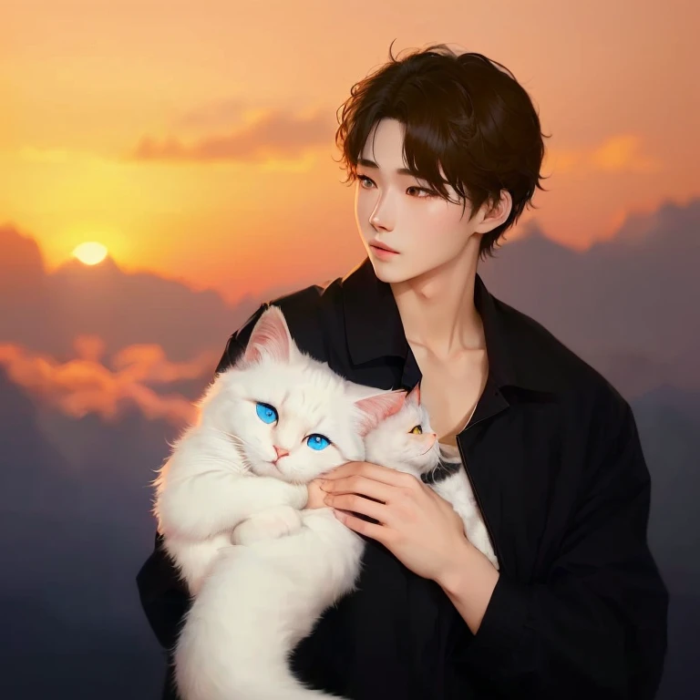 There was a man holding a white cat in his arms, cai xukun, She holds a cat in her arms, with sunset, short hair, Jung Jae Hyun, Very beautiful and cute cat girl, With the sunset, Realistic anime cat, Anime style mixed with Fuji film, author：Yang J, Men an...