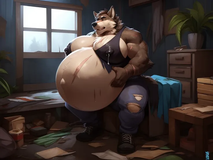 by mystikfox61,4k detailed full body,1furry,alone,1wolf,Good anatomy,A fat wolf brown furry dad with huge pregnant belly(pregnant dad)and huge breast, pregnant wolf belly, abandoned house,night,plants around,Very torn and damaged clothes,dirty cloth,big pr...