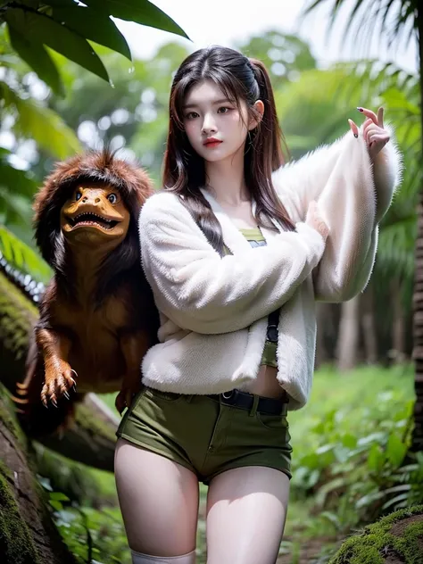 Chica linda como wang yiren, in jurassic park jurassic park with a dinosaur , beautiful fur.