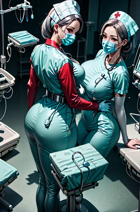 nurse uniform,hospital, latex nurse suit,nurses,busty,elbow gloves,labcoat,grey hair woman,red eyes , gigantic ,medical instruments,asian nurse,two nurses,speculum,examination room,oversize ,big ass ,strap on, lay on table ,legs spreaded,giving birth,gyno ...