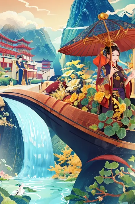 (masterpiece, Top quality, best quality, Official Art, beautiful and aesthetic:1.2),Extremely detailed,,rich and colorful,The most detailed，umbrella，Han Dynasty culture