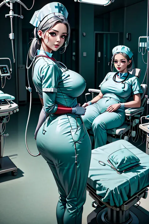 nurse uniform,hospital, latex nurse suit,nurses,busty,elbow gloves,labcoat,grey hair woman,red eyes , gigantic ,medical instruments,asian nurse,two nurses,speculum,examination room,oversize ,big ass ,strap on, lay on table ,legs spreaded,giving birth,gyno ...