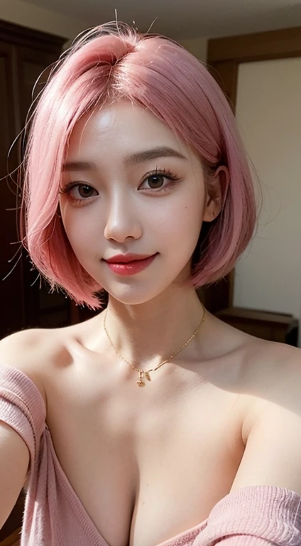 1 girl, 19 years old, south korean, 4k, masterpiece, frekles under eyes, short whavy pink hair, bob haircut, pink eyes, red lips, red eyeliners, massively large breast, off shoulder pink top, discovered breast, tattoo in the neck, gold necklase, tilted hea...