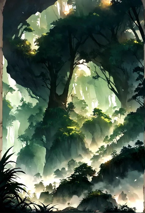 ((Small exotic beast running in the mountains))。Lots of glowing plants，Mysterious forest，Bird，Fog was raging，Star bright，Mysterious and dreamy，Chinese style，Immortal World，Xianxia World，((nobody))，bamboo forest，Pure Landscape