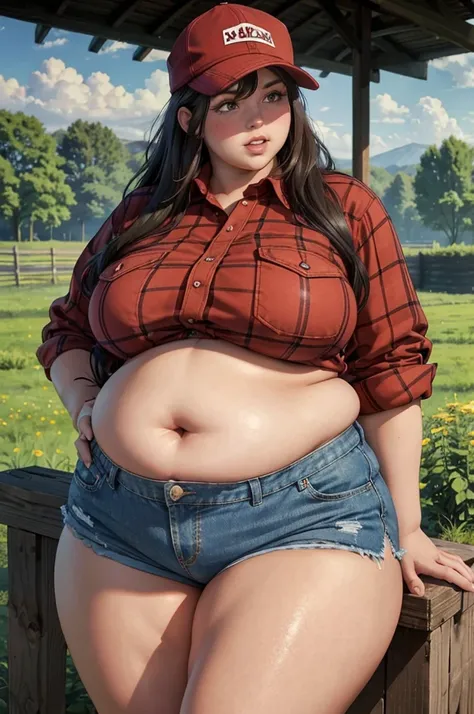 Highest quality picture, Big fat farm girl, long hair, baseball cap, working in the farm, big lips, bbw, overweight, red flannel shirt, low waist denim shorts, flashing protruding belly, countryside