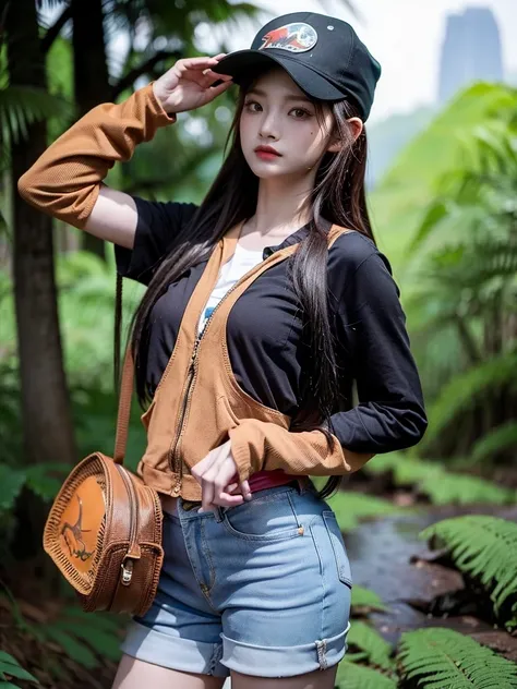 Chica linda como wang yiren, in jurassic park jurassic park with a dinosaur , nice hair and cap