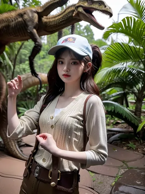 chica linda como wang yiren, in jurassic park jurassic park with a dinosaur , nice hair and cap