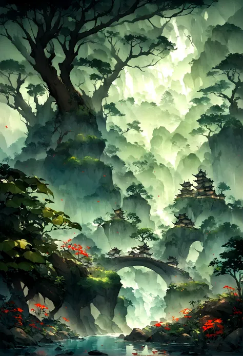 There is a beast，((Lots of glowing plants))，Mysterious forest，Bird，Fog was raging，Star bright，((Mysterious and dreamy scene）），Chinese style，Immortal World，Xianxia World，((nobody))，Pure Landscape