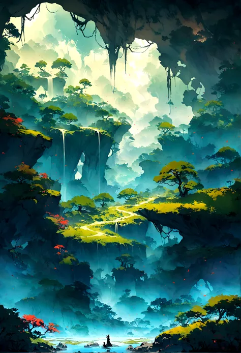 There is a beast，((Lots of glowing plants))，Mysterious forest，Bird，Fog was raging，Star bright，((Mysterious and dreamy scene）），Chinese style，Immortal World，Xianxia World，((nobody))，Pure Landscape