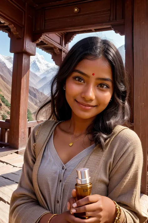 A beautiful girl with cute dimples and dusky skin tone holding perfume called happy ruh . In Himalayas India fully dressed 