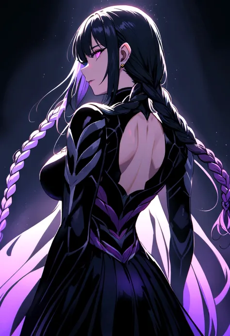 Female who has an ethereal presence that commands attention. Her striking violet eyes hold a piercing gaze, reflecting her deep intellect and cold determination. Long, raven-black hair cascades down her back, often tied in intricate braids or left to flow ...