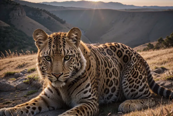 (best quality,4k,8k,highres,masterpiece:1.2),ultra-detailed,(realistic,photorealistic,photo-realistic:1.37),dawn,leopard perched on rugged cliff,overlooking vast grassland,dawn light casting long shadows,reflective eyes,soft sunlight,cinematic,illustration...