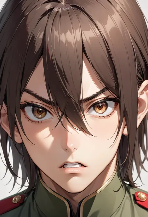 1 young man、Kakoi、Brown hair with long bangs、Brown eyes、Green military uniform、Serious expression、Mouth open