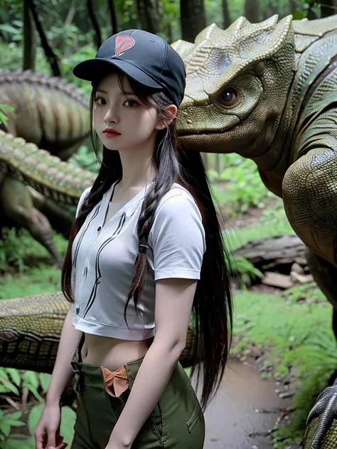 Chica linda como wang yiren, in jurassic park jurassic park with a dinosaur , nice hair and cap