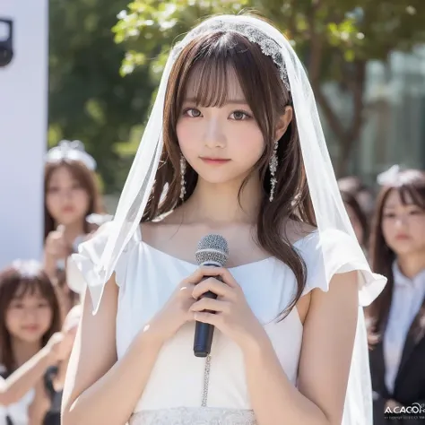 A beautiful young Japanese idol in a white dress and veil holding a microphone. Extremely detailed and realistic portrait, intricate anime cosplay, Instagram model, artcore style, lost in reverie. 8k resolution, Canon EOS R6 photography, background is brig...