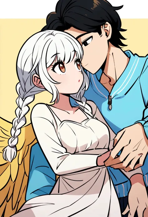 A couple in love, the girl with white hair, two braids, a white dress, black eyes and the boy with black hair, cap, Brown eyes, yellow wings, blue sweatshirt with white lines on the sleeves, cartoon style.